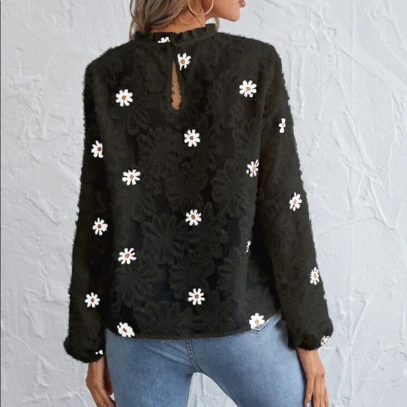 Boho fuzzy floral embroidered frill neckline long sleeve blouse - Picture 7 of 10